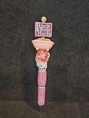 Body Hurts Funny Spa Tub Beaded Pen | Pink Rhinestone Glam | Handmade Gift